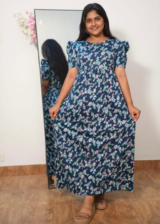 BLUE MULTI FLORA | NON-FEEDING MAXI –PUFF SLEEVES | FULL LENGTH MAXI