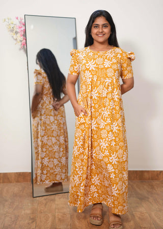 MARIGOLD MIRAGE | NON-FEEDING MAXI – PUFF SLEEVES | FULL LENGTH MAXI