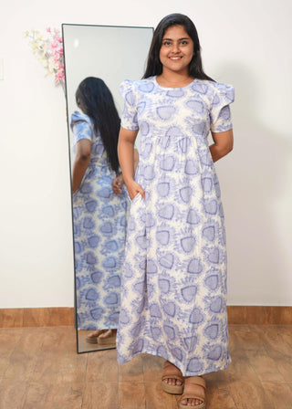 MISTY BLUE HEART | NON-FEEDING MAXI – PUFF SLEEVES | FULL LENGTH MAXI