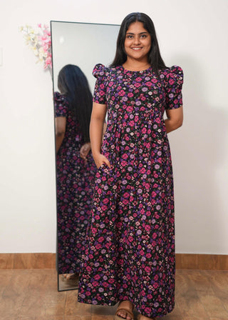 BLACK PINK FLORA | NON-FEEDING MAXI – PUFF SLEEVES | FULL LENGTH MAXI