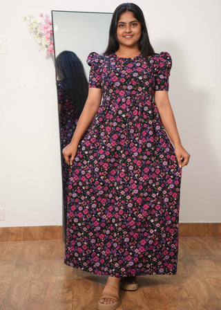 BLACK PINK FLORA | NON-FEEDING MAXI – PUFF SLEEVES | FULL LENGTH MAXI