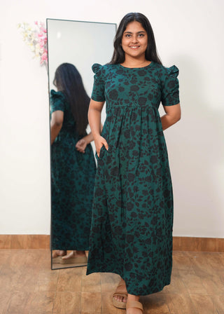 GREEN ROSE | NON-FEEDING MAXI – PUFF SLEEVES | FULL LENGTH MAXI
