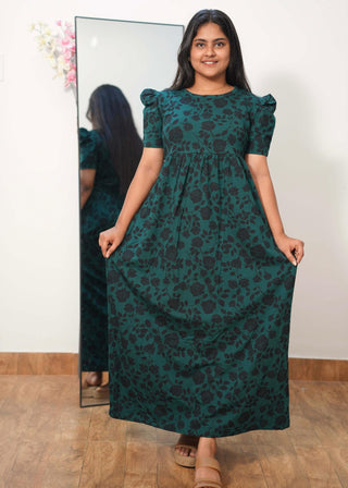 GREEN ROSE | NON-FEEDING MAXI – PUFF SLEEVES | FULL LENGTH MAXI