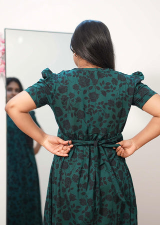 GREEN ROSE | NON-FEEDING MAXI – PUFF SLEEVES | FULL LENGTH MAXI