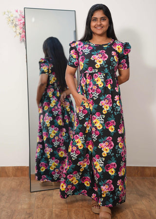 BLACK PINK FLORAL | NON-FEEDING MAXI – PUFF SLEEVES | FULL LENGTH MAXI