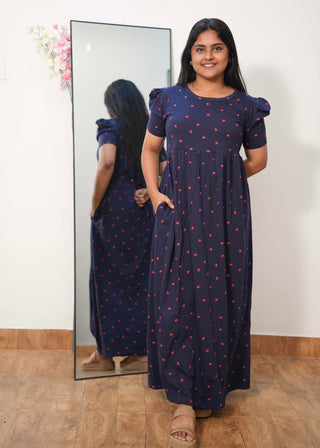 BLUE RED HEART | NON-FEEDING MAXI – PUFF SLEEVES | FULL LENGTH MAXI