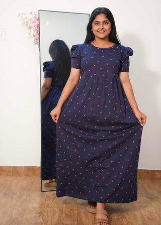BLUE RED HEART | NON-FEEDING MAXI – PUFF SLEEVES | FULL LENGTH MAXI