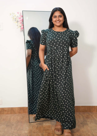 GREEN TINY LEAF | NON-FEEDING MAXI –PUFF SLEEVES | FULL LENGTH MAXI