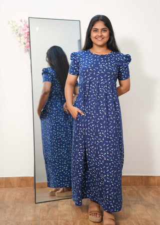 BLUE TINY FLORAL | NON-FEEDING MAXI – PUFF SLEEVES | FULL LENGTH MAXI