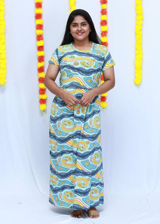 OCEAN WAVES | ZIPLESS MATERNITY MAXI-SHORT SLEEVES | ANKLE LENGTH MAXI