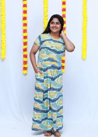 OCEAN WAVES | ZIPLESS MATERNITY MAXI-SHORT SLEEVES | ANKLE LENGTH MAXI