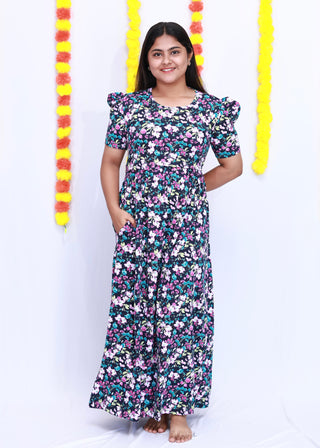 FLOWERS | ZIPLESS MATERNITY MAXI-PUFF SLEEVES | FULL LENGTH MAXI