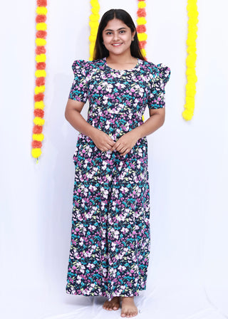 FLOWERS | ZIPLESS MATERNITY MAXI-PUFF SLEEVES | FULL LENGTH MAXI