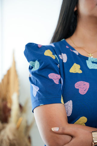 BLUE MULTI HEARTS | NON-FEEDING MAXI – PUFF SLEEVES | FULL LENGTH MAXI