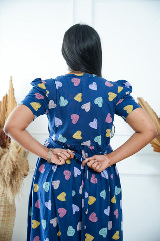 BLUE MULTI HEARTS | NON-FEEDING MAXI – PUFF SLEEVES | FULL LENGTH MAXI