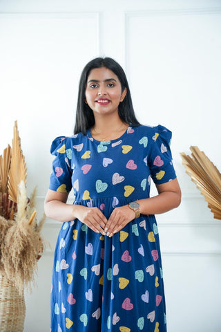 BLUE MULTI HEARTS | NON-FEEDING MAXI – PUFF SLEEVES | FULL LENGTH MAXI