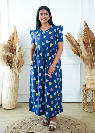 BLUE MULTI HEARTS | NON-FEEDING MAXI – PUFF SLEEVES | FULL LENGTH MAXI