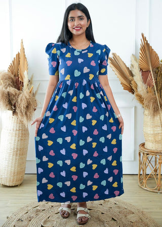 BLUE MULTI HEARTS | NON-FEEDING MAXI – PUFF SLEEVES | FULL LENGTH MAXI