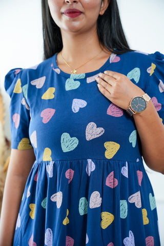 BLUE MULTI HEARTS | NON-FEEDING MAXI – PUFF SLEEVES | FULL LENGTH MAXI