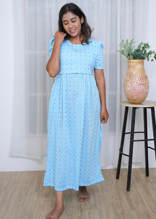 GEOMETRIC BLUE | ZIPLESS MATERNITY MAXI-PUFF SLEEVES | FULL LENGTH MAXI