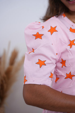 PINK ORANGE STAR | ZIPLESS MATERNITY MAXI-PUFF SLEEVES | FULL LENGTH MAXI