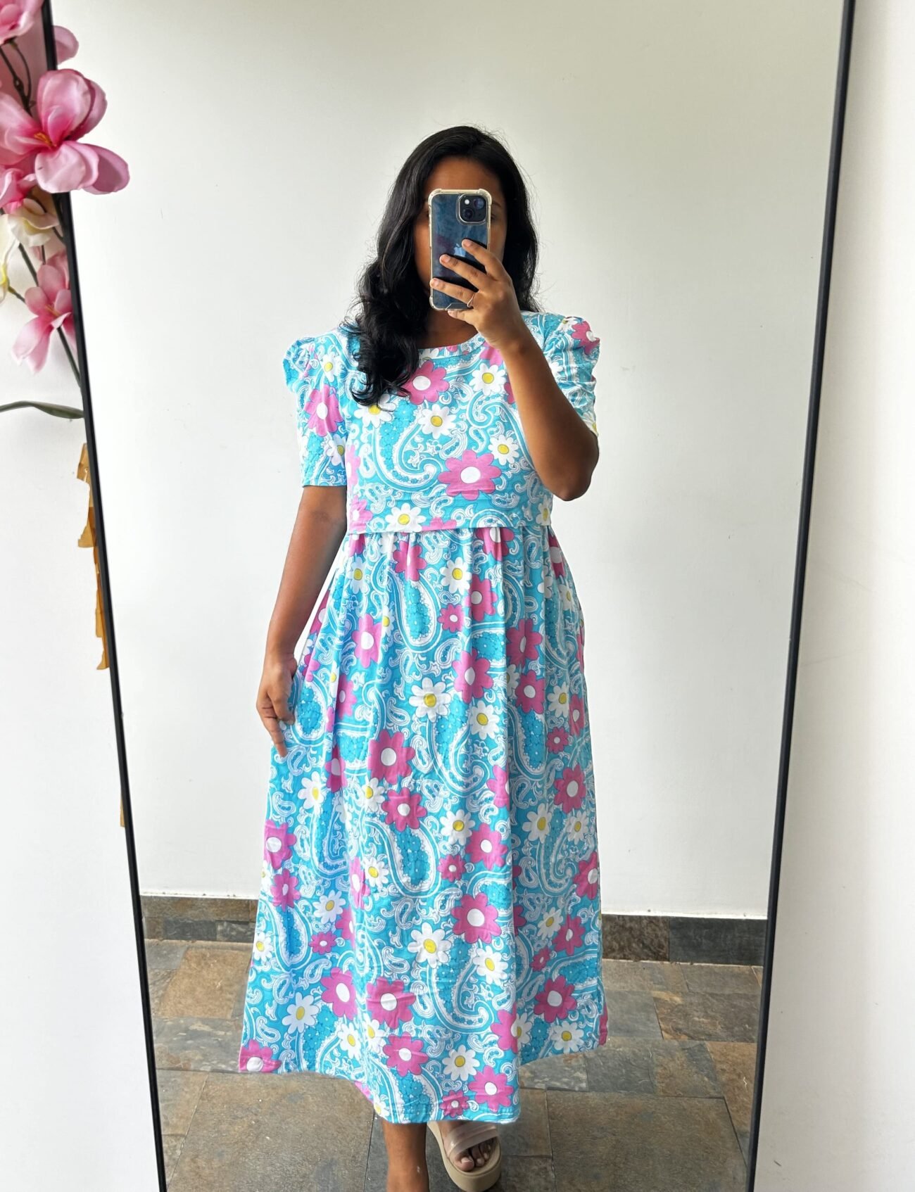 SKYBLUE DAISY | ZIPLESS MATERNITY MAXI-PUFF SLEEVES | ANKLE LENGTH MAXI